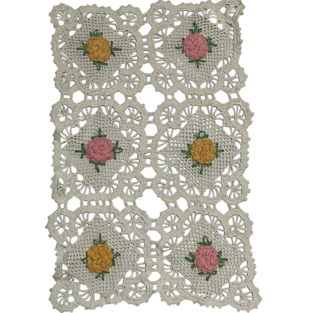 Vintage Crochet Pair Doilies yellow pink White floral oblong‎ 10 x 7 granny core